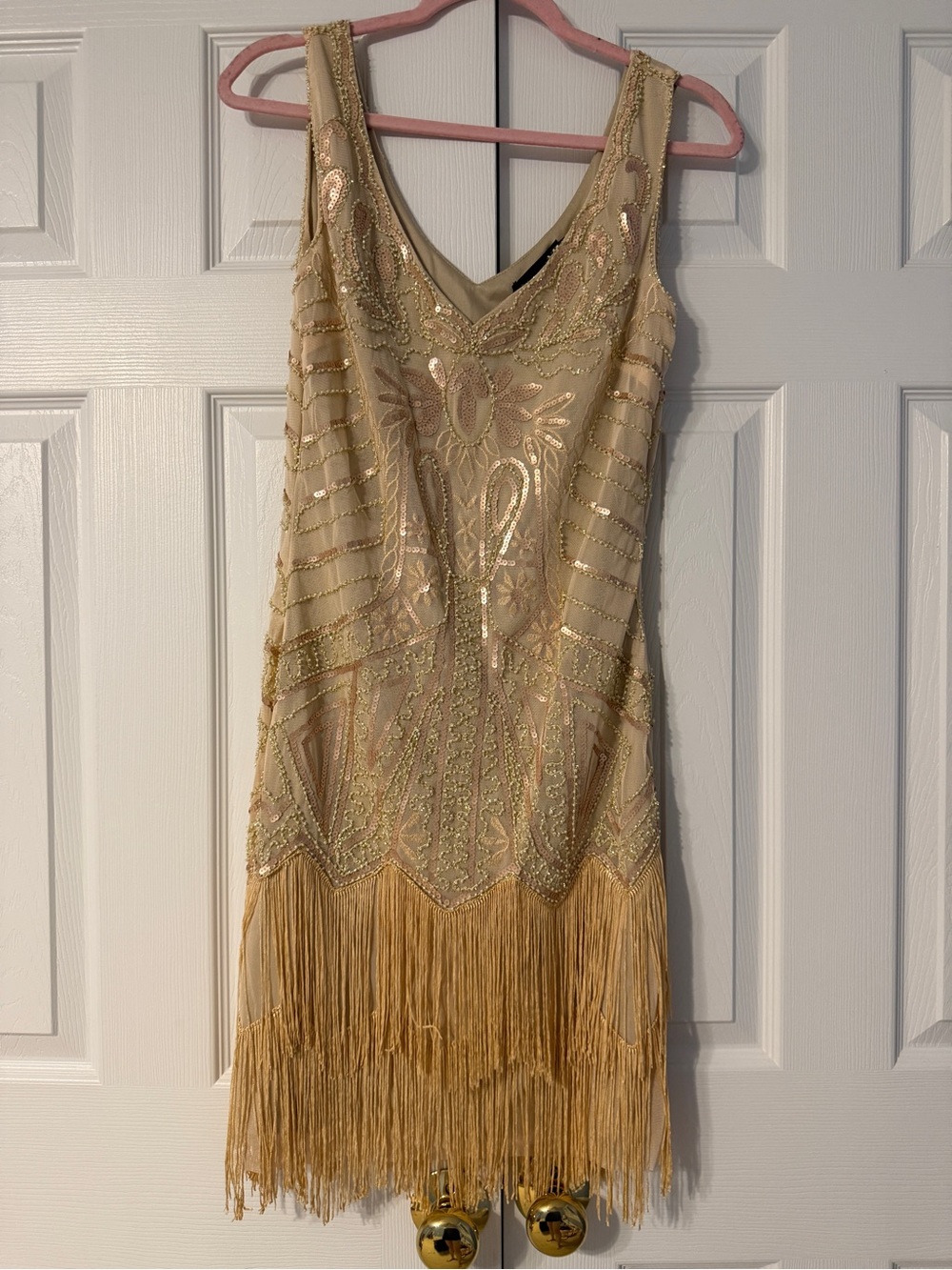 Gold Fringe Beaded Mini Dress - Flattering V-Neck
